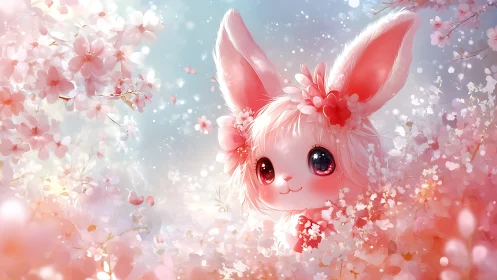 Blossom-haired bunny gazes through dreamy cherry petals.
