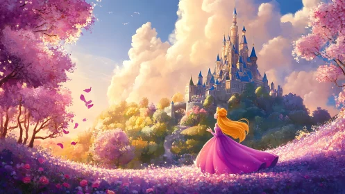 Backlit princess surveys luminous hilltop castle in floral valley