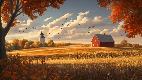 Autumn agrarian panorama with red barn, silo and migratory birds.