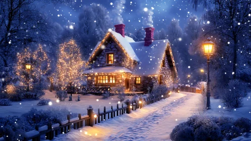 Snow-covered cottage with festive lights at night.