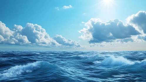 Open ocean surface under midday sun with cumulus clouds.