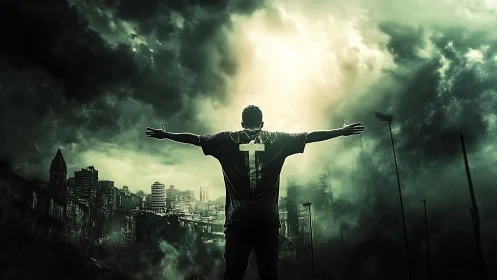 Solitary figure facing stormy city skyline under light beam.