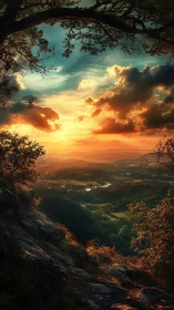 Sunset landscape viewed from rocky forested hillside vantage