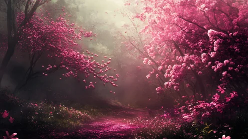 Dreamy pink forest path glowing with soft morning light.