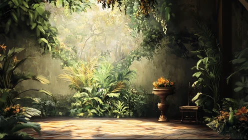 Sunlit botanical atrium with volumetric foliage rendering.