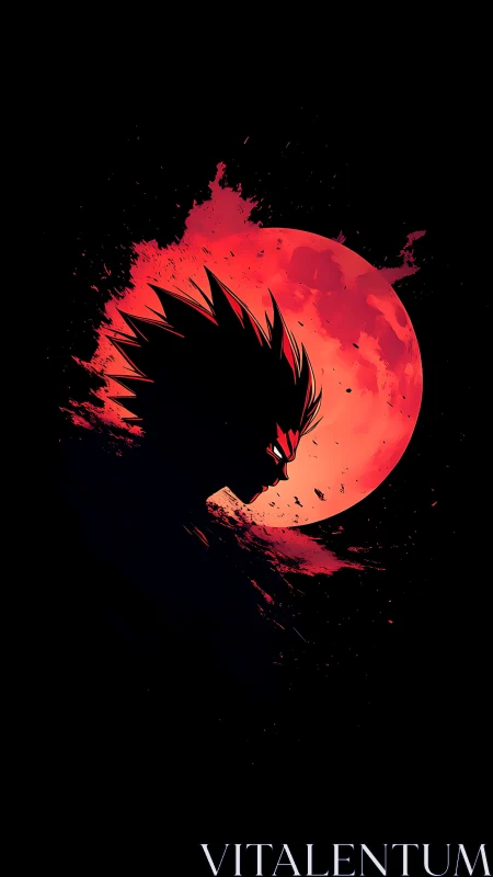 Silhouetted spiky figure aligned before red lunar disk.