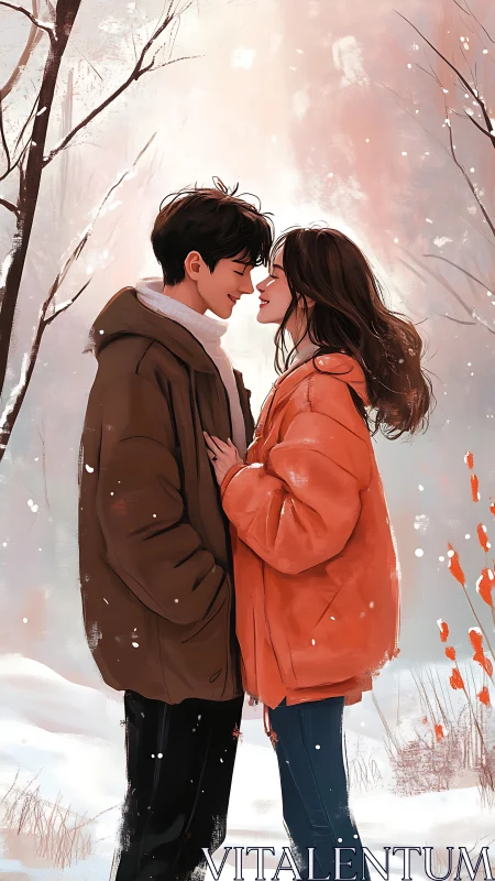 Couple in winter clothes face to face in snowy landscape.