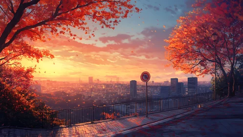 Autumn overlook above glowing city skyline at sunset.