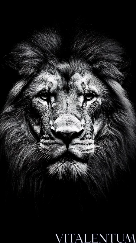 Monochrome lion portrait in stark chiaroscuro lighting.
