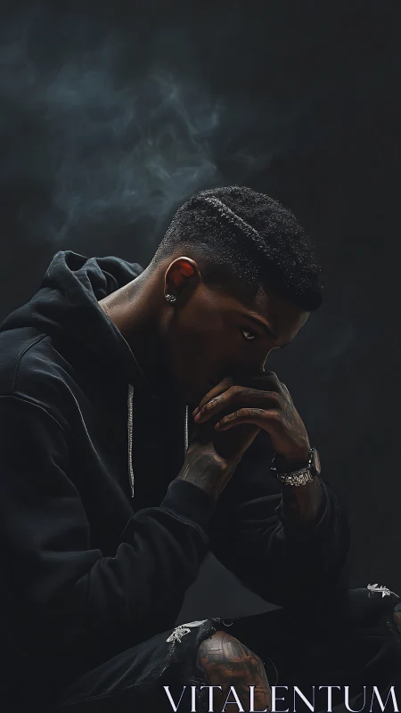 Quietly reflective man in dark hoodie against soft smoke.