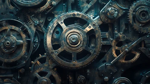 Rust-kissed clockwork cosmos of interlocking industrial gears.