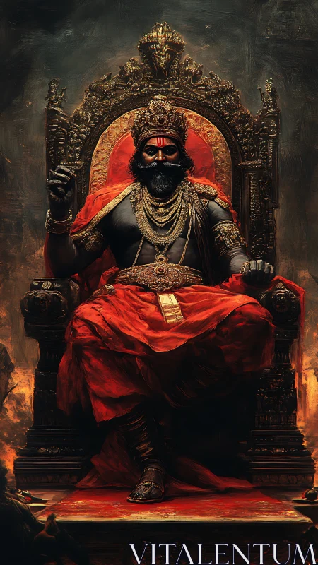 Throne of embers crowns a storm-dark king in molten red