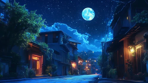 Luminous blue moon above quiet Japanese alleyway at night