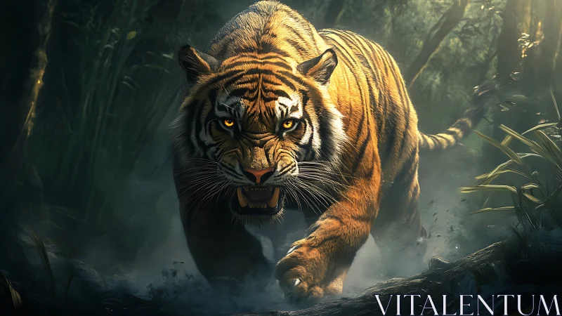 Predatory tiger advances through misty jungle in dramatic lighting