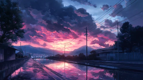 Gentle sunset reflections along quiet rainy train tracks.