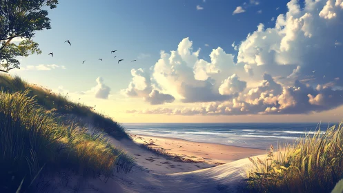 Sunlit dune path leading to a calm and inviting shoreline.