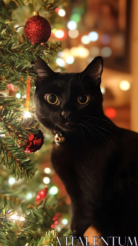 Black cat by illuminated tree captured with shallow depth of field