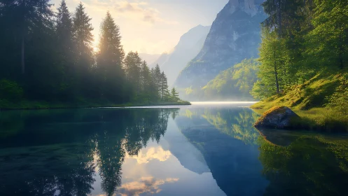 Gentle mountain lake morning wrapped in soft golden light.