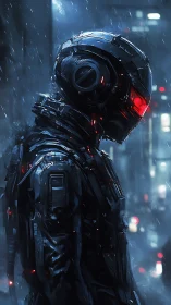 Cybernetic sentinel stalks neon alley in cold rainfall.