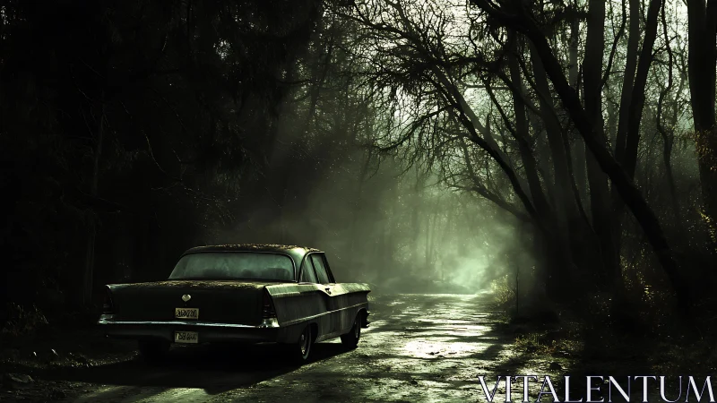 Vintage sedan parked on wet forest road in low light.