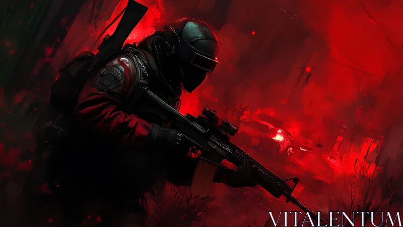 Midnight operator stalking through infernal crimson streets.