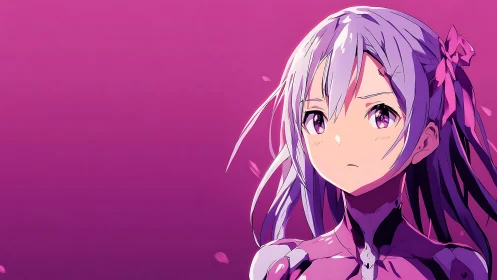 Purple anime portrait of silver haired girl on solid background.
