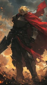 Armored swordsman with red cloak in burning battlefield