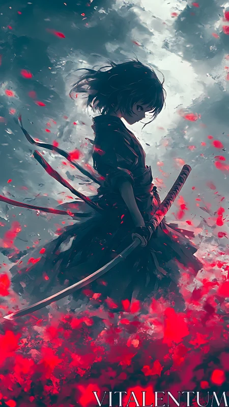Stormlit petals circle a lone samurai caught mid-breath
