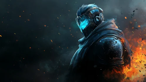 Armored sci fi figure with visor amid fire and smoke.