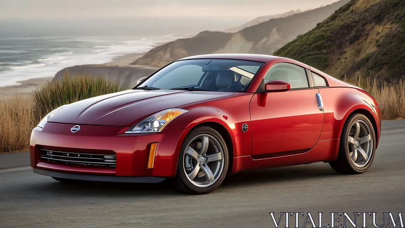 Sunlit red sports coupe parked beside misty coastal road.