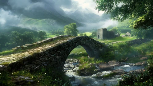 Stone bridge welcomes wanderers into misty green valley