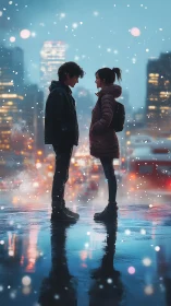 Snowlit city standoff of quiet lovers on mirrored streets.