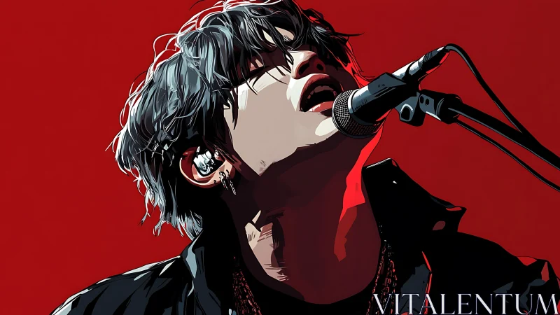 Singer leans into microphone onstage against solid red background