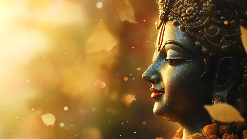 Divine blue-hued deity profile in golden autumn glow.