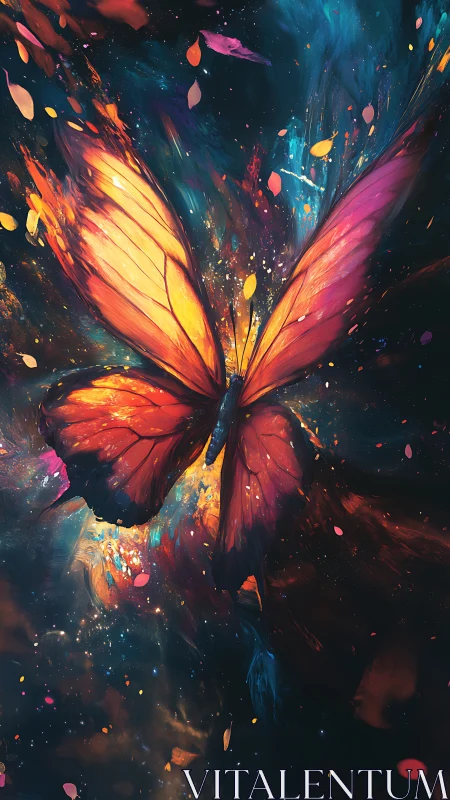 Luminescent butterfly in nebular chromatic particle bloom.