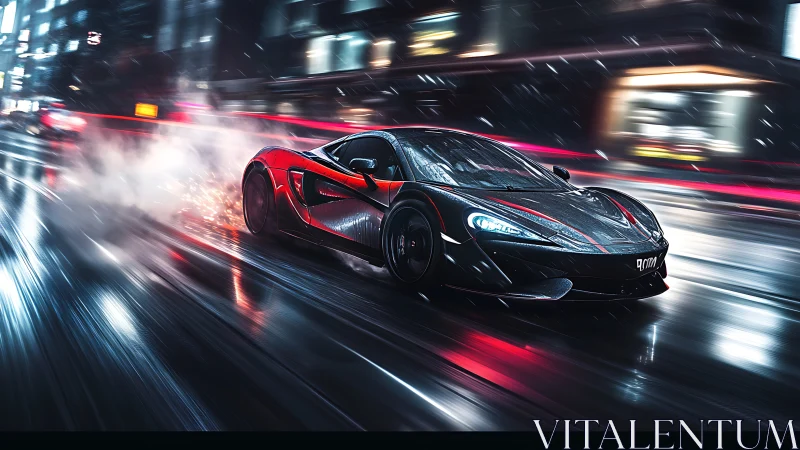 Midnight supercar ignites neon streets in rain-slick rush.