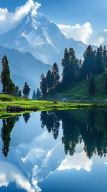Snow peak mountain mirrored in calm alpine lake reflection.