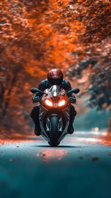 Motorcyclist on sport bike riding through autumn road.