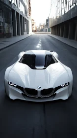 BMW concept supercar dominates empty urban street at dawn.