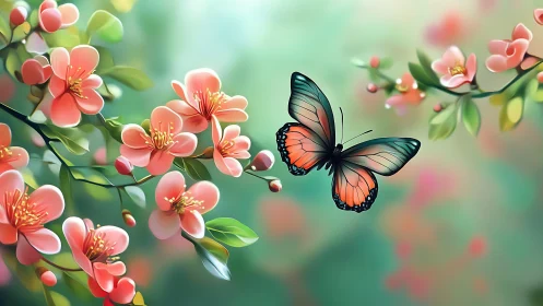 Butterfly hovering amid luminous blossoms in soft-focus bokeh