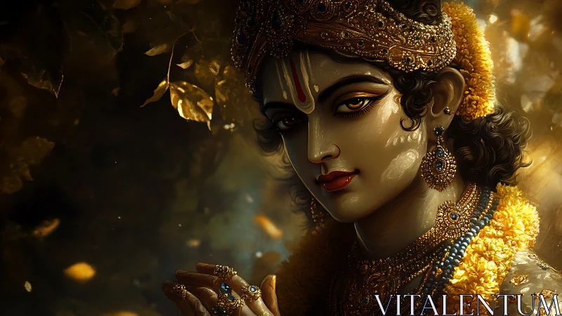 Ornate divine portrait with luminous garlands and jeweled diadem.