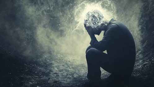 Backlit silhouette with neural light field visualizing cognitive overload