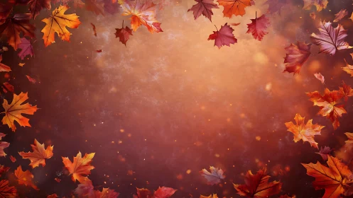 Autumn maple leaves swirl around warm glowing background