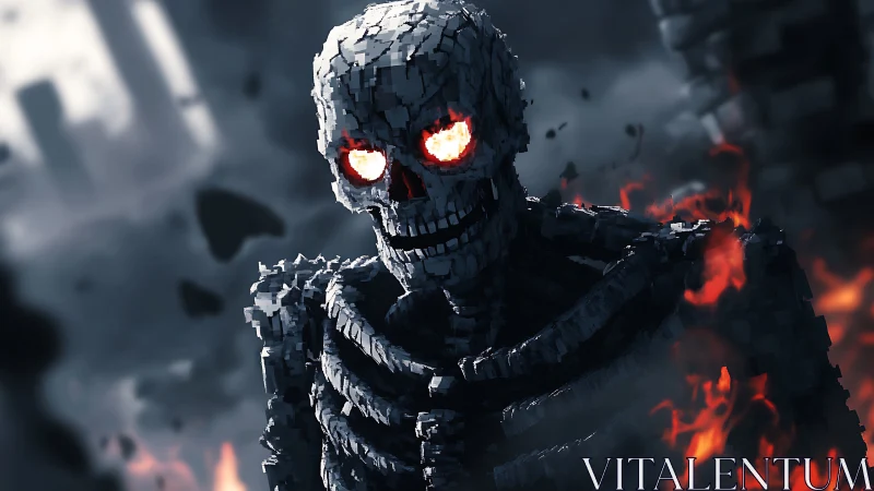 Volumetric-lit stone skeleton with emissive eyes in fiery ruins