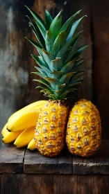 Ripe pineapples and bananas arranged on rustic wooden surface