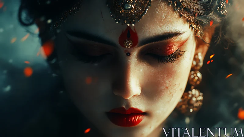 Digital portrait of woman with ornate red ceremonial makeup.