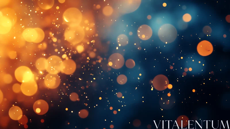 Orange bokeh light particles on dark blue defocused background.