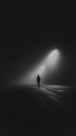 Solitary figure on dimly lit road in dense night fog.