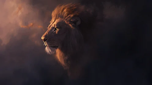 Digital painting profile study of lion emerging from shadowed haze.