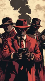 Trio of suited gunmen stride forward in smoky noir tension